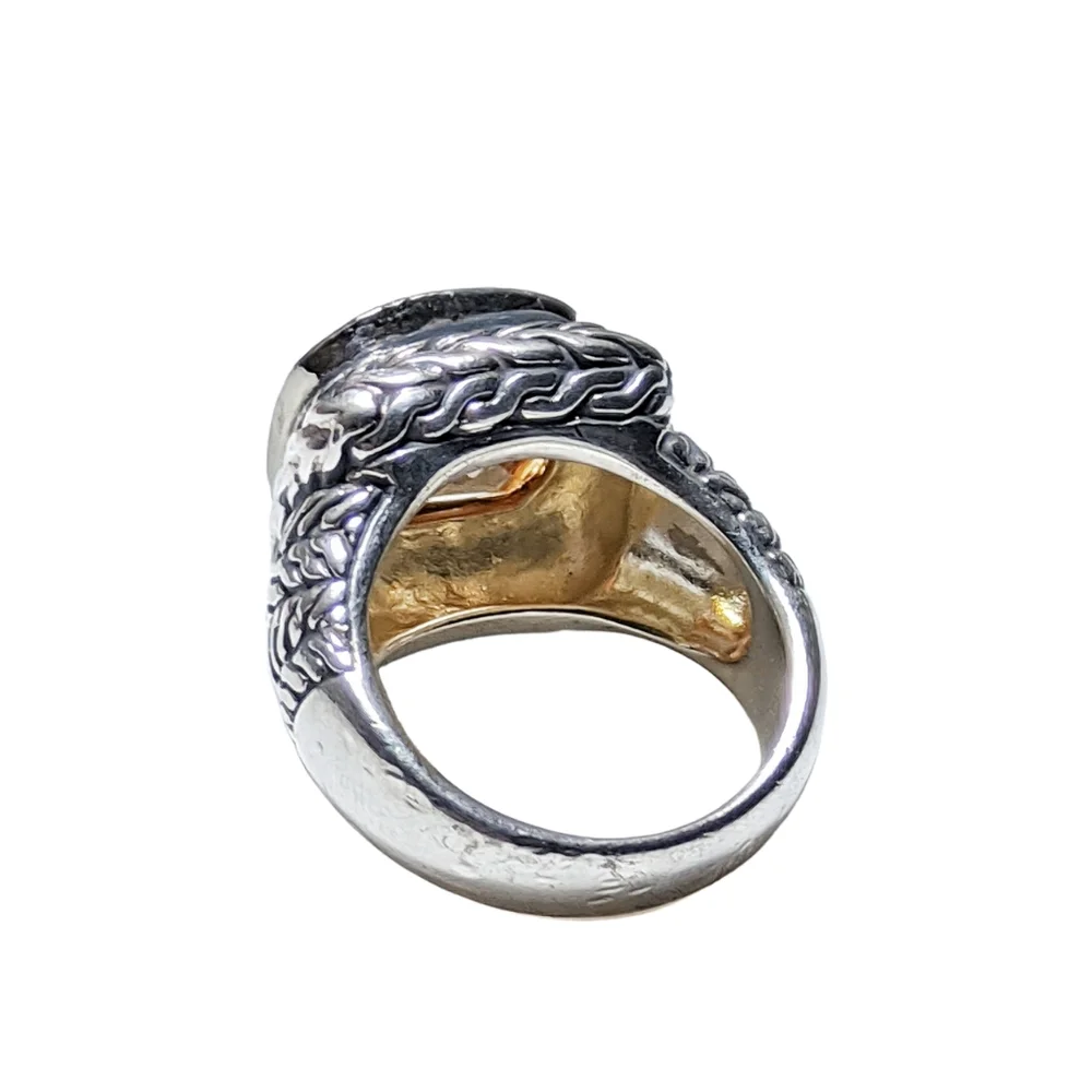 Large Citrine Embossed Design Sterling Silver Ring